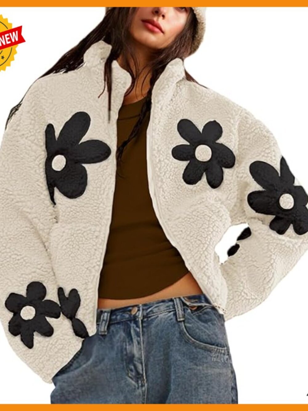 Floral Print Sherpa Fleece Jacket Cropped Zipper Coat Pockets